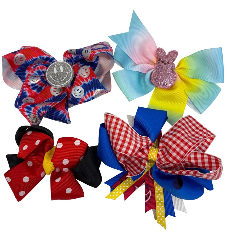 Lot of 4 Kids Grosgrain Ribbon Hair Bows Smiley Face Bunny Polka Dot Gingham
